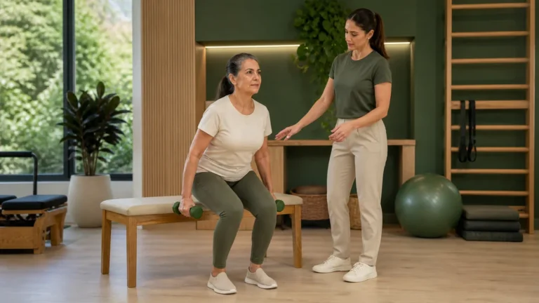Mulher com mais de 60 anos realiza exercício de força com supervisão profissional