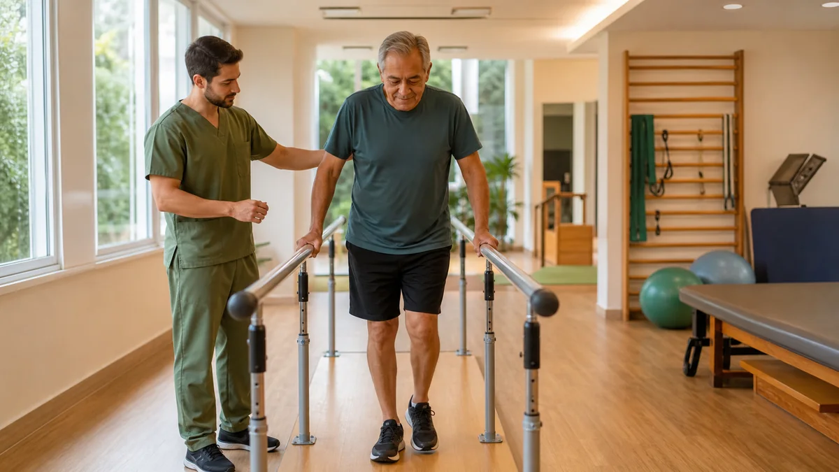 Pessoa em recuperação após cirurgia de joelho caminha com supervisão fisioterapêutica